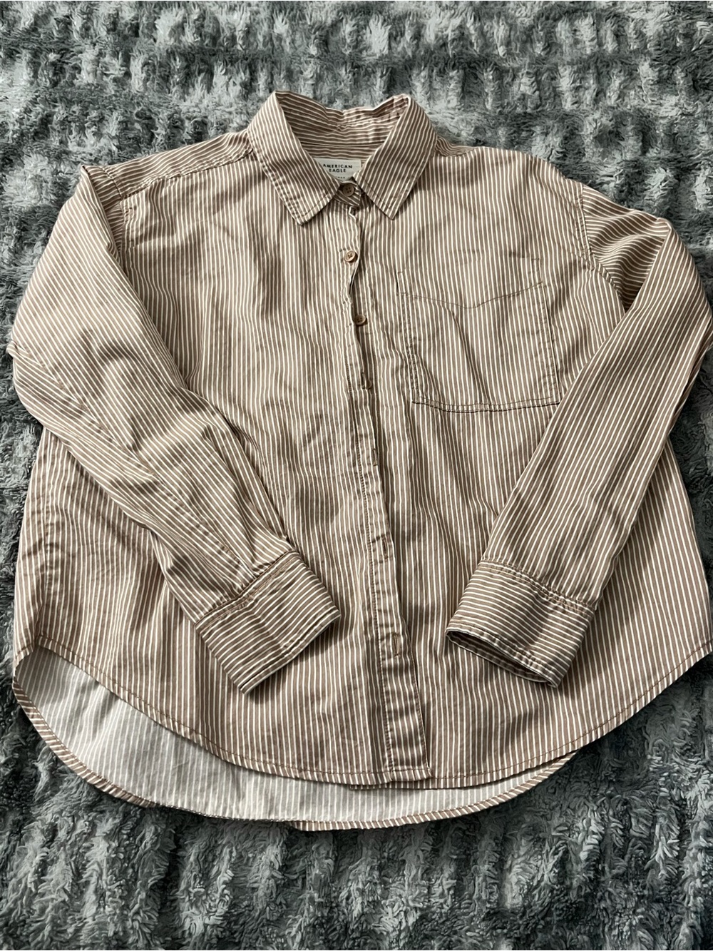 American Eagle Outfitters Beige and White Striped Button-Down Shirt